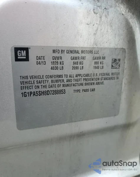 2013 Chevrolet Cruze Ls из США, поврежденный, VIN 1G1PA5SH8D7288853